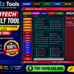 Androtech pro built tool by gsm a2z tools showing frp remove unlock bootloader bypass auth imei backup restore and fix tool download fail features for all android devices