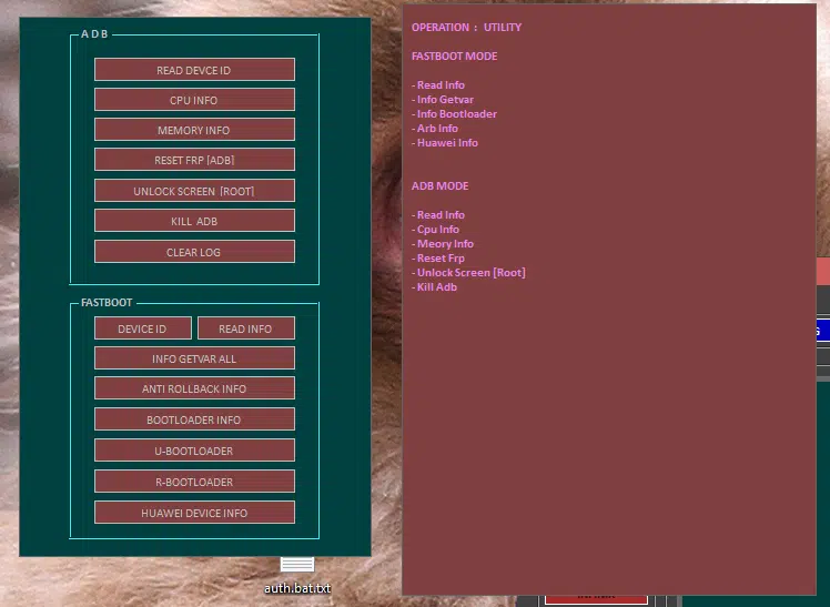 Androtech pro built utility tab showing adb and fastboot mode options including read device id cpu info reset frp unlock screen root anti rollback info and huawei device info