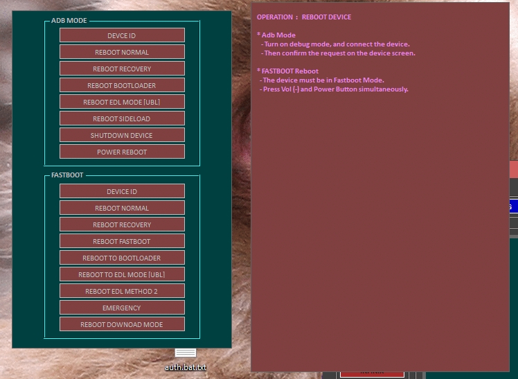 Androtech pro built reboot device tab showing adb mode and fastboot reboot options including edl mode bootloader recovery download mode and emergency reboot controls