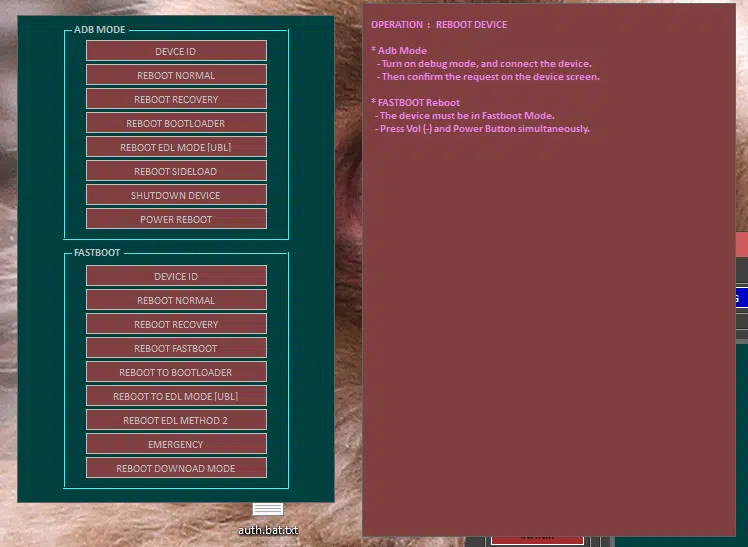 Androtech pro built reboot device tab showing adb mode and fastboot reboot options including edl mode bootloader recovery download mode and emergency reboot controls