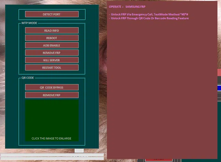 Androtech pro built samsung frp tab showing detect port mtp mode options qr code bypass and remove frp features for samsung devices