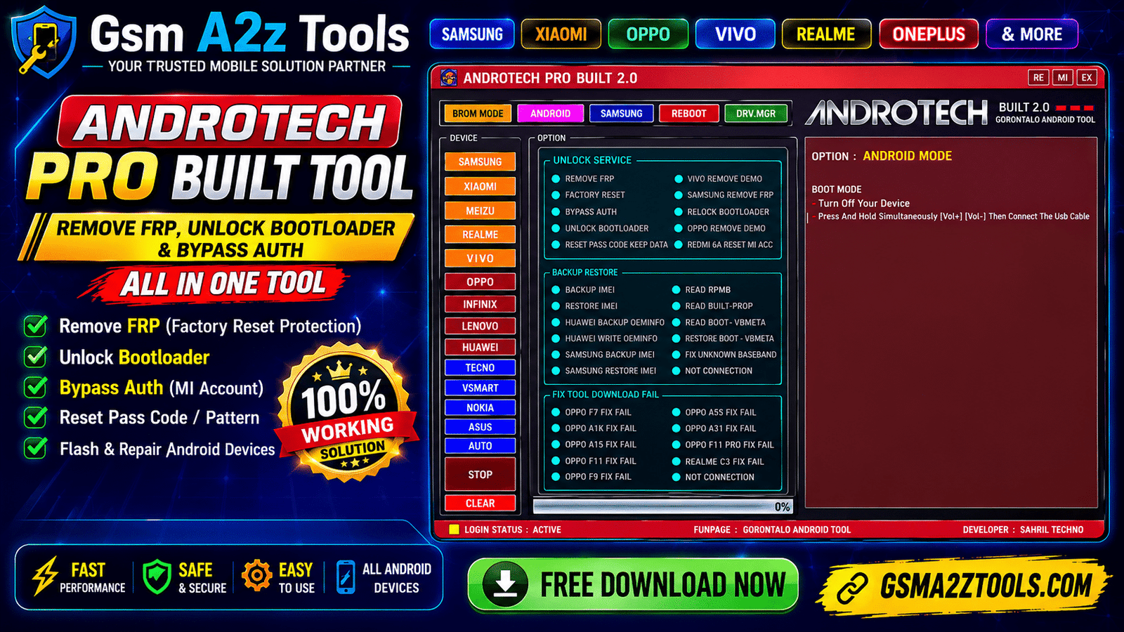 Androtech pro built tool by gsm a2z tools showing frp remove unlock bootloader bypass auth imei backup restore and fix tool download fail features for all android devices