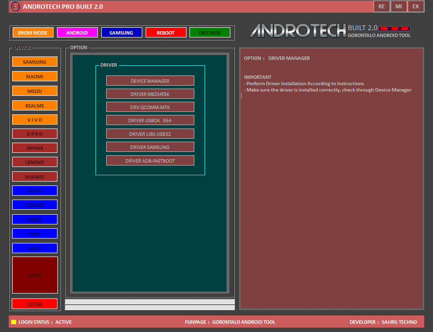 Androtech pro built 2. 0 driver manager tab showing mediatek qualcomm mtk usbdk x64 libusb32 samsung and adb fastboot driver installation options for android devices