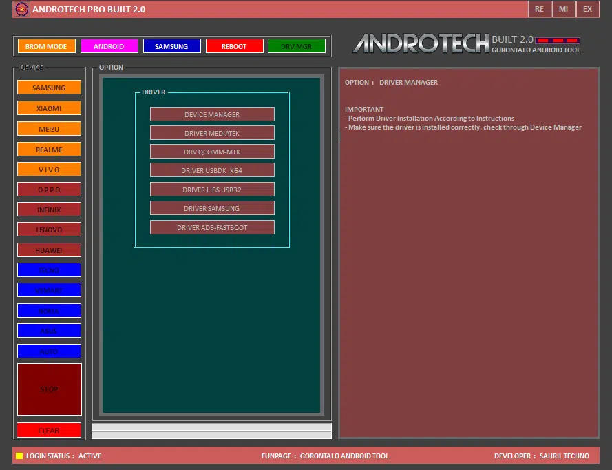 Androtech pro built 2. 0 driver manager tab showing mediatek qualcomm mtk usbdk x64 libusb32 samsung and adb fastboot driver installation options for android devices