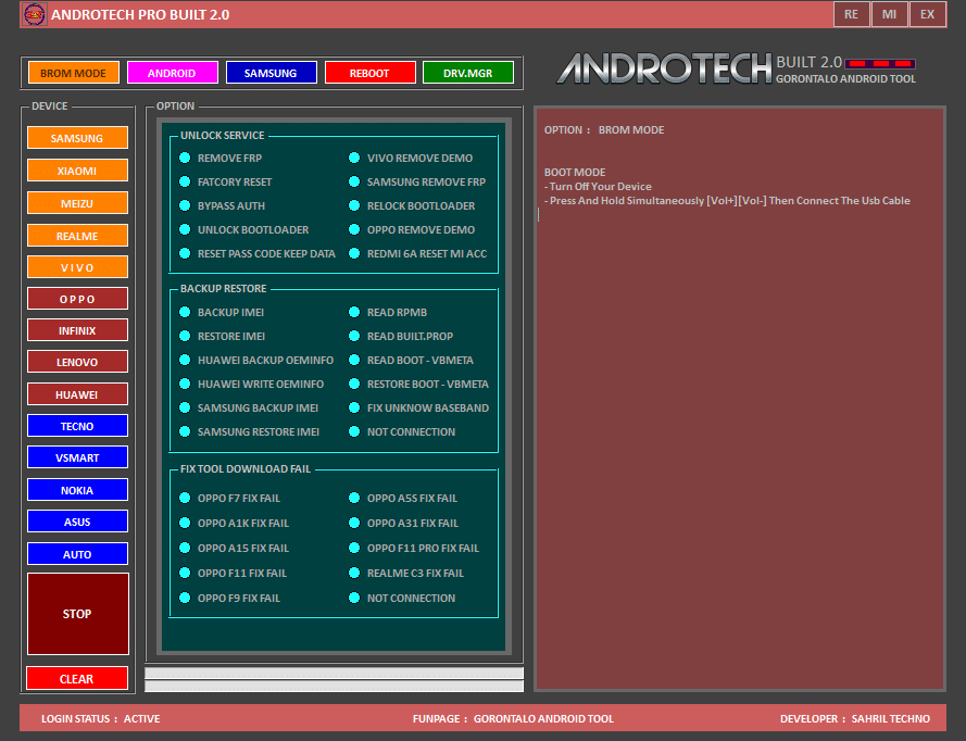 Androtech pro built tool interface showing brom mode unlock service frp remove backup restore and fix tool download