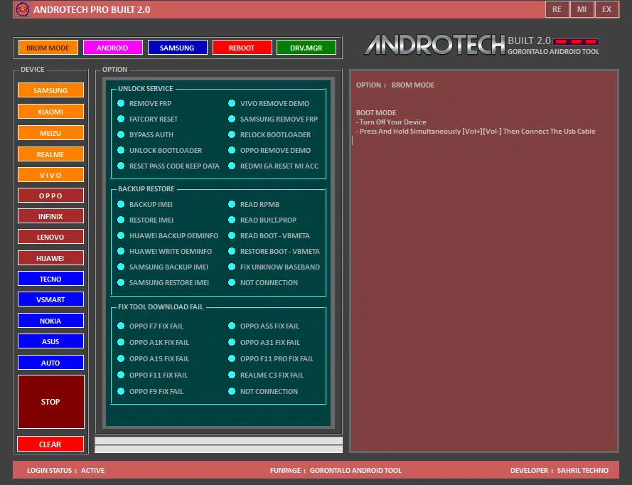 Androtech pro built tool interface showing brom mode unlock service frp remove backup restore and fix tool download
