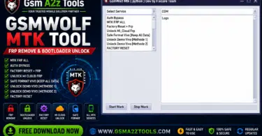 Gsmwolf mtk tool by gsm a2z tools showing frp remove bootloader unlock mi cloud unlock safe format vivo and factory reset features for all mediatek android devices