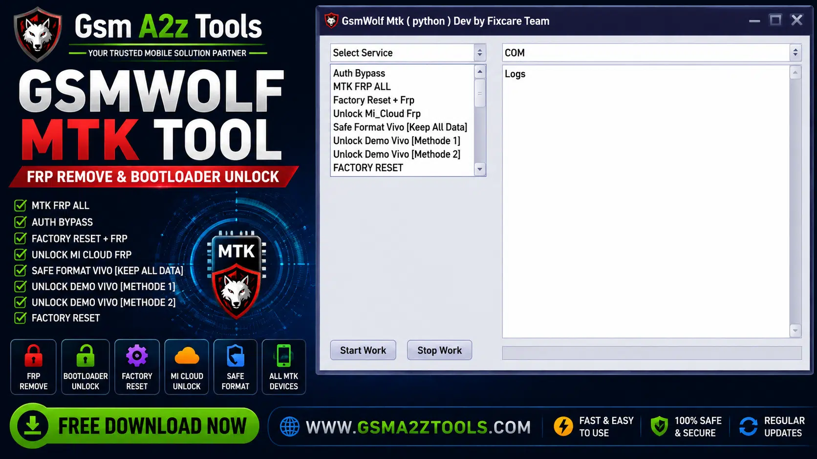 Gsmwolf mtk tool by gsm a2z tools showing frp remove bootloader unlock mi cloud unlock safe format vivo and factory reset features for all mediatek android devices