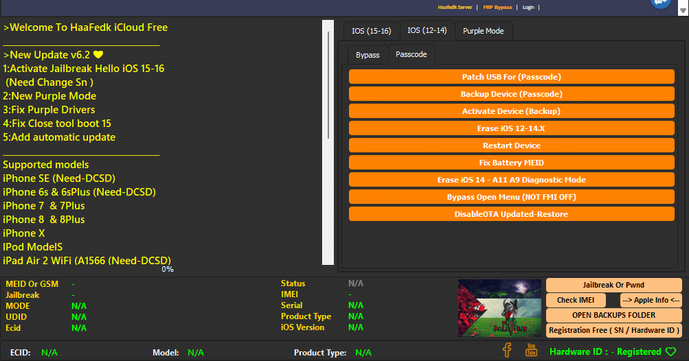 Haafedk icloud free tool interface showing activation bypass features.