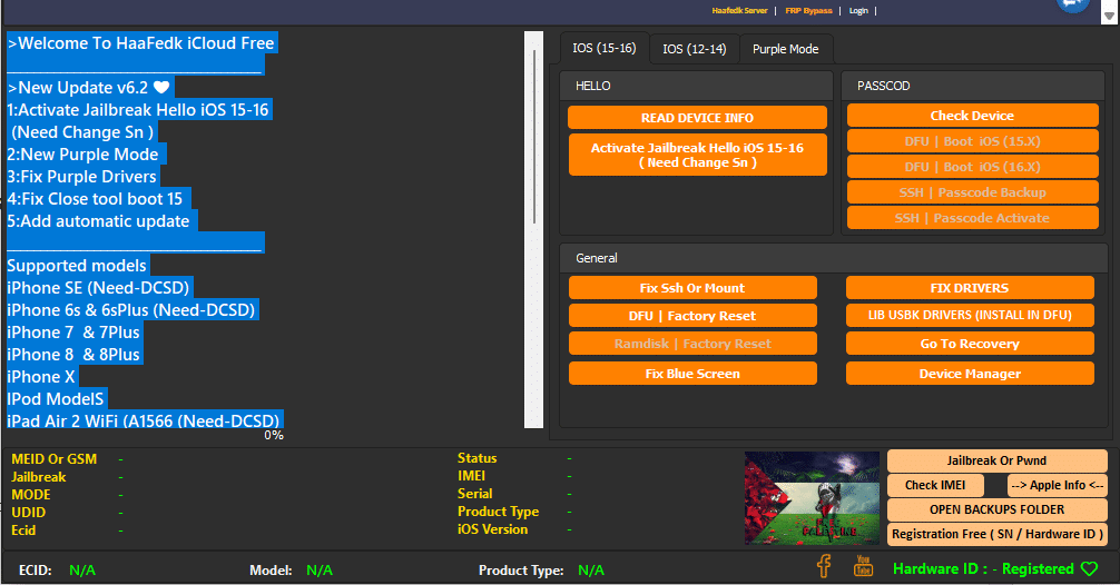The haafedk icloud free tool interface showing activation bypass options for ios devices.