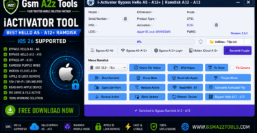 Iactivator bypass tool by gsm a2z tools showing hello a5 a12 plus ramdisk purple mode ios 26 support with icloud removal ssh dfu helper and read info apple features