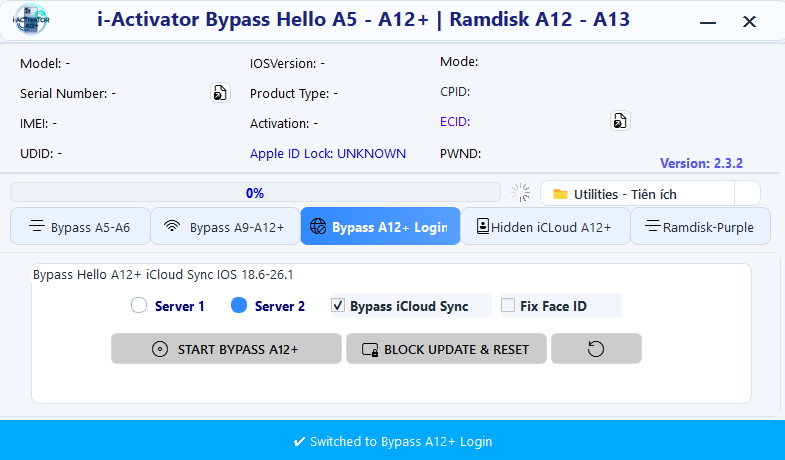 Iactivator bypass tool bypass a12 plus login tab showing icloud sync fix and face id repair for ios 18. 6 to 26. 1 with dual server and block update reset option