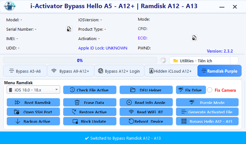 Iactivator bypass tool ramdisk purple menu showing boot ramdisk ssh port erase data and bypass hello a12 a13 options for ios 18 repair