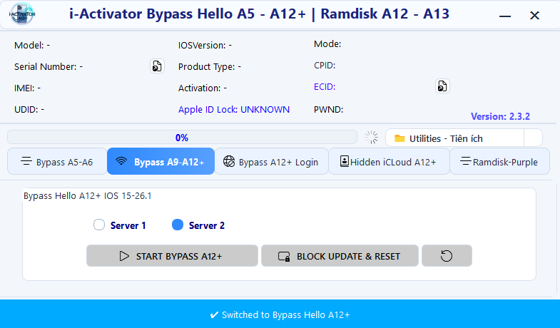 Iactivator bypass tool bypass a9 to a12 plus tab showing hello screen fix for ios 15 to 26. 1 with dual server selection and block update reset option