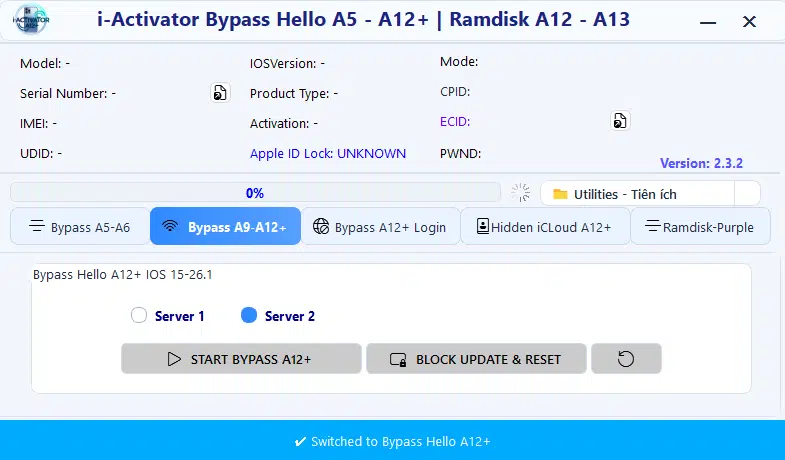 Iactivator bypass tool bypass a9 to a12 plus tab showing hello screen fix for ios 15 to 26. 1 with dual server selection and block update reset option