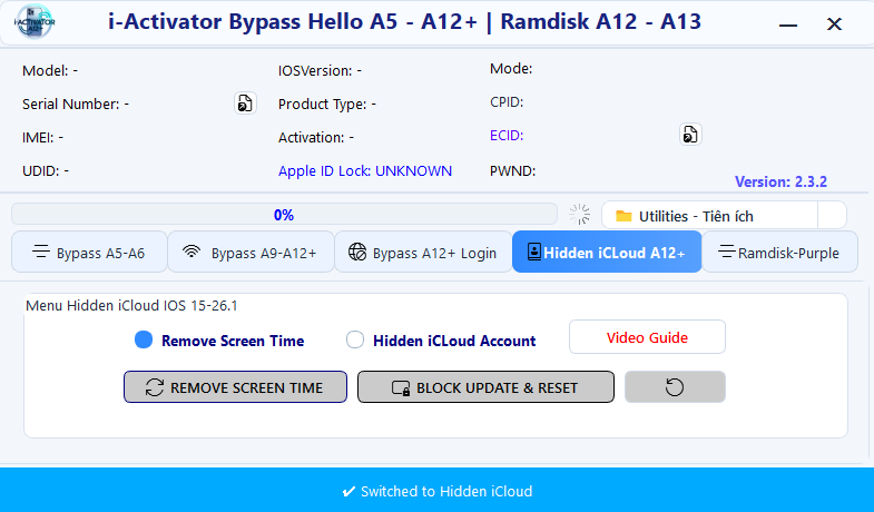 Iactivator bypass tool v2. 3. 2 hidden icloud a12 plus tab showing remove screen time hidden icloud account and block update reset options for ios 15 to 26. 1