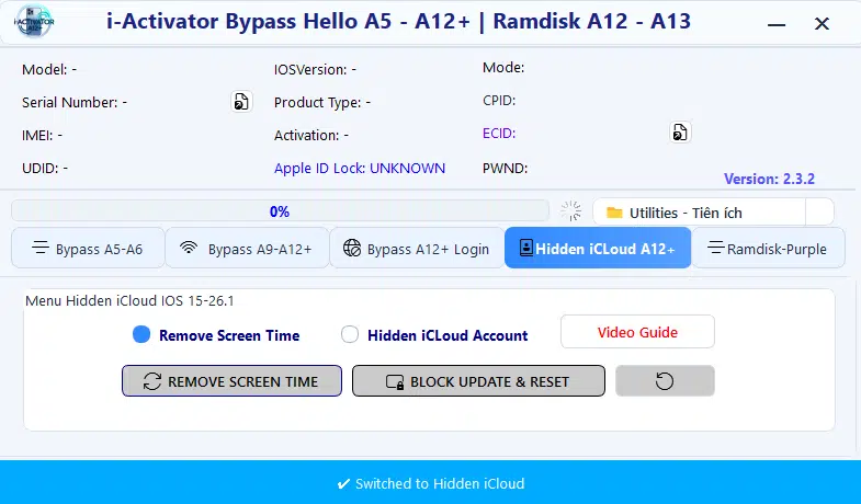 Iactivator bypass tool v2. 3. 2 hidden icloud a12 plus tab showing remove screen time hidden icloud account and block update reset options for ios 15 to 26. 1