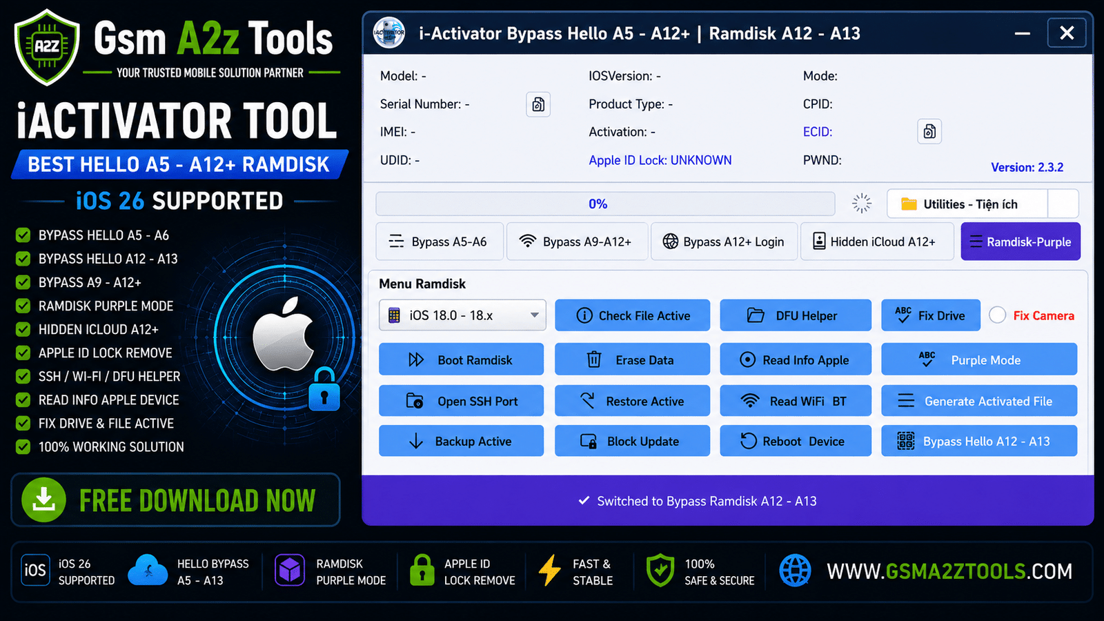 Iactivator bypass tool by gsm a2z tools showing hello a5 a12 plus ramdisk purple mode ios 26 support with icloud removal ssh dfu helper and read info apple features