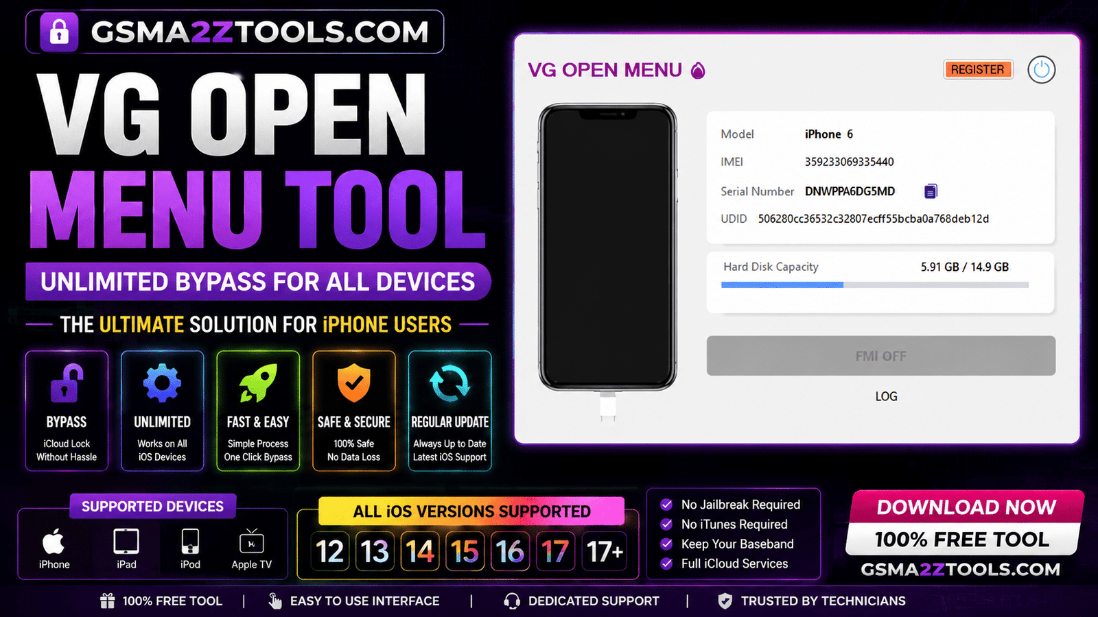 Vg open menu tool promotional banner showing iphone device info and icloud bypass