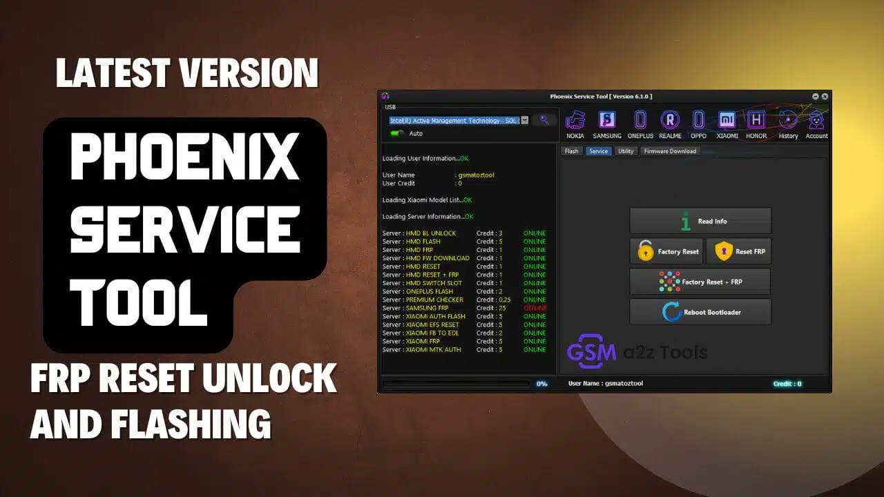 Phoenix service tool main dashboard displaying nokia frp reset and samsung unlocking
