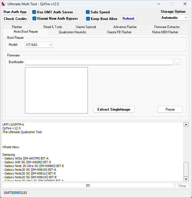 Umt qcfire tool moto boot repair feature with model select and firmware options