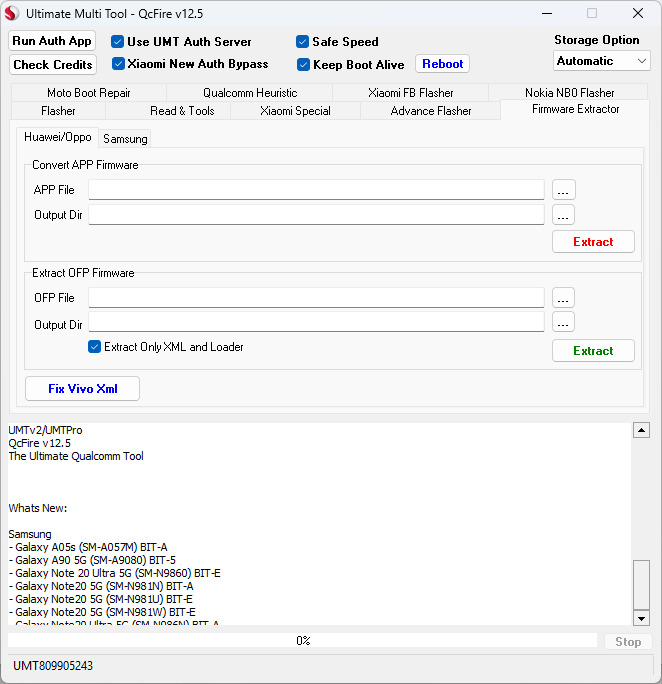 Umt qcfire tool firmware extractor interface with app and ofp options