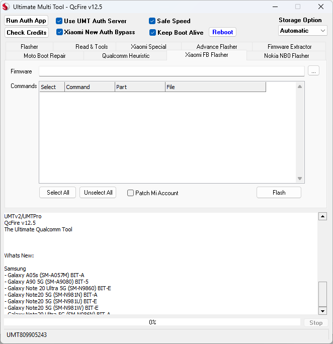Xiaomi fb flasher interface in umt qcfire tool with firmware and command options