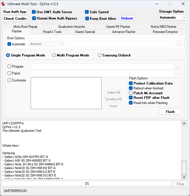Technician using umt qcfire tool flasher to reset frp on a smartphone