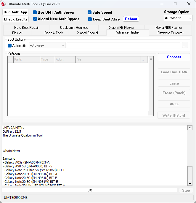 Advance flasher options in umt qcfire tool dashboard
