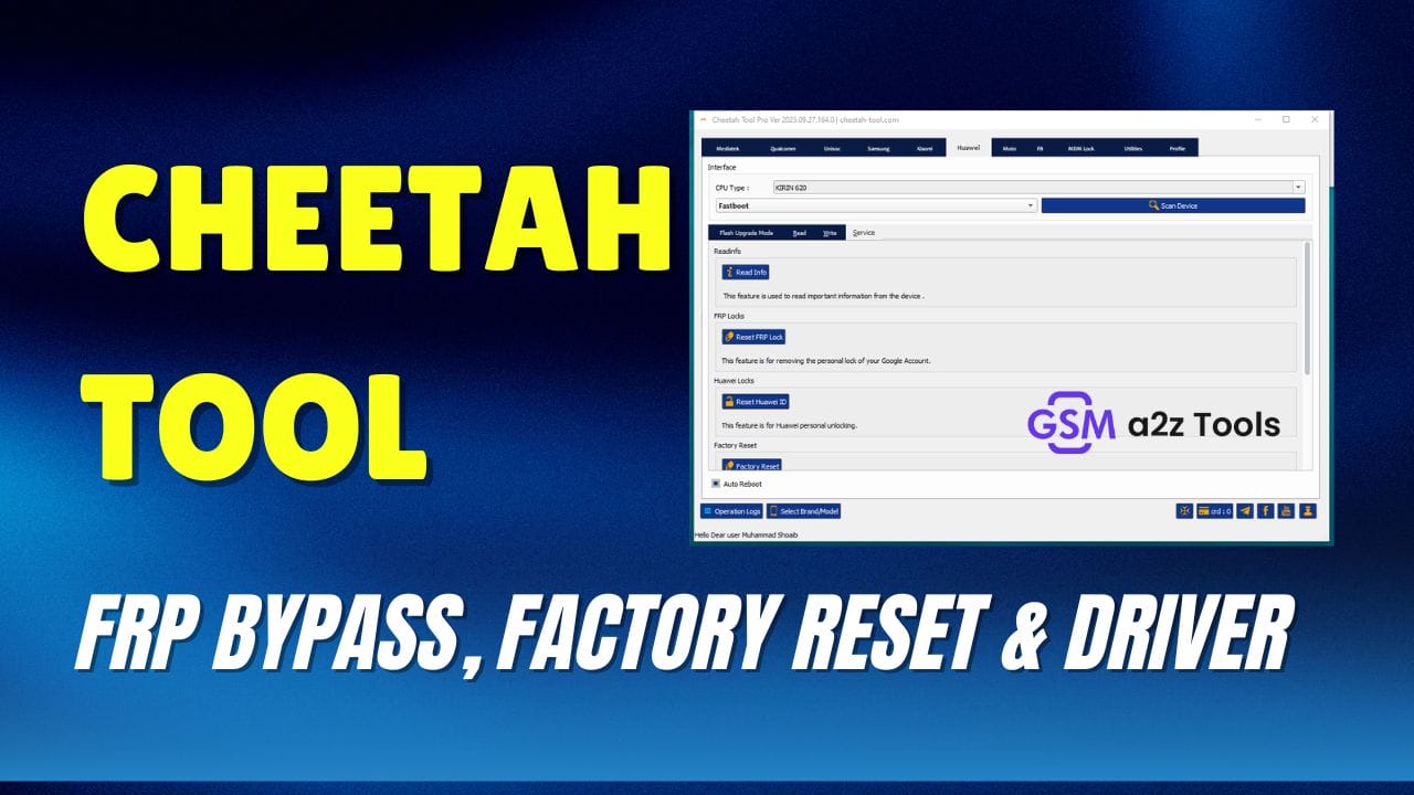 Cheetah tool interface showing mediatek read tab custom loader and partition list used for android flashing frp reset and mdm removal.