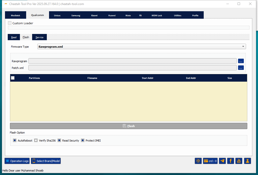 Cheetah tool interface showing frp reset mdm removal and huawei id restore options across mediatek qualcomm and samsung devices.