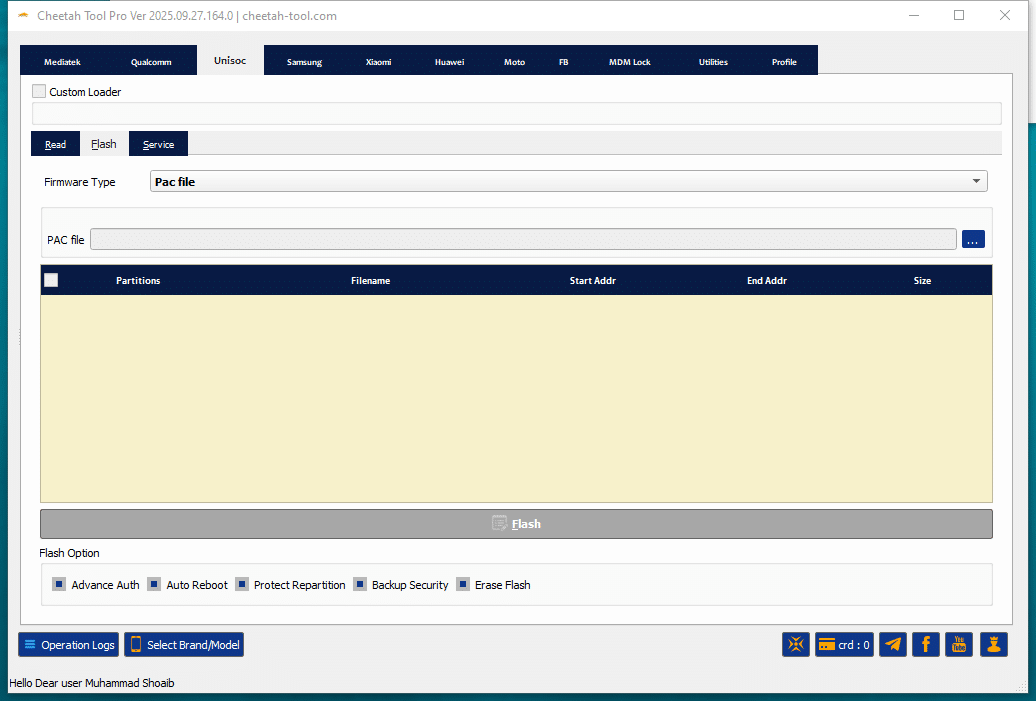 Cheetah tool interface showing mediatek qualcomm and samsung repair options including frp reset flash and mdm removal features.
