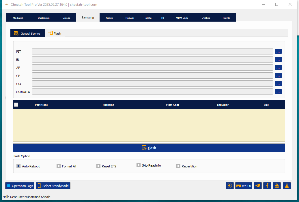 Cheetah tool software interface showing mediatek qualcomm unisoc samsung xiaomi and huawei flashing and frp reset options.