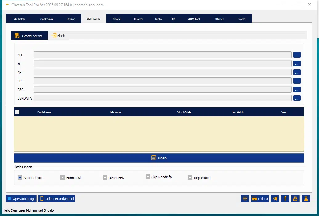 Cheetah tool software interface showing mediatek qualcomm unisoc samsung xiaomi and huawei flashing and frp reset options.