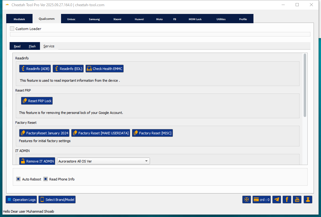 Cheetah tool interface showing android repair and frp reset options for mediatek qualcomm and huawei devices