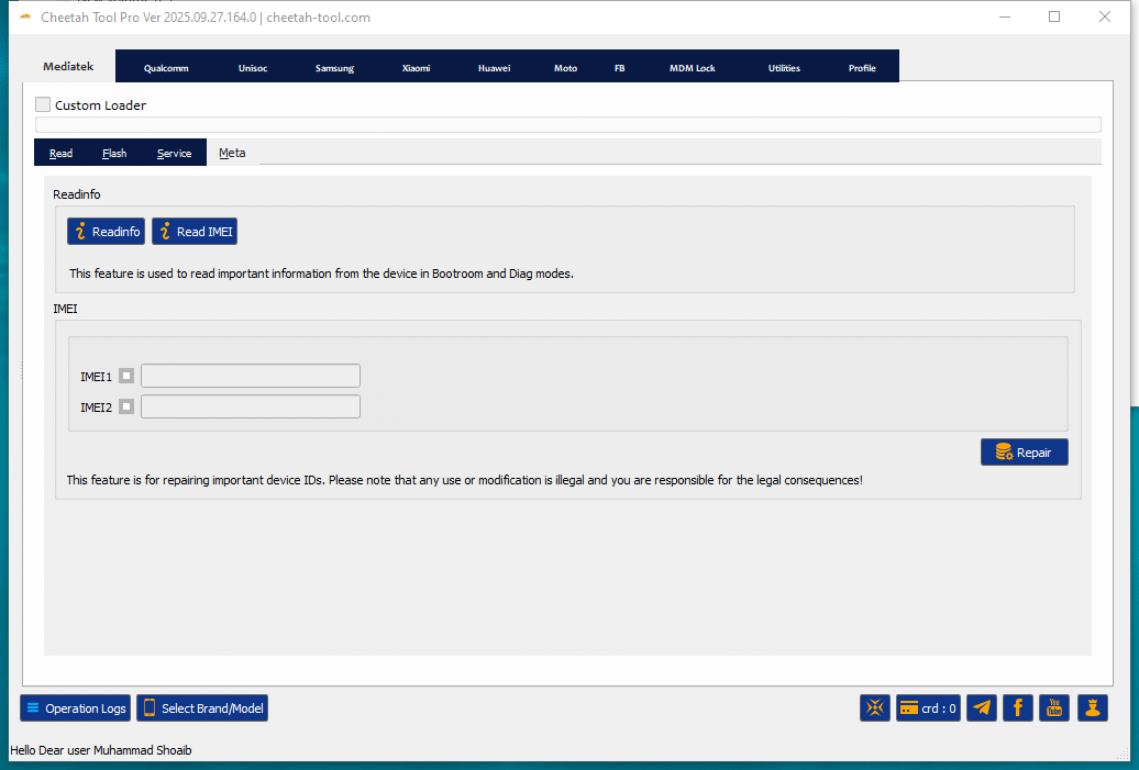 Cheetah tool interface showing frp reset firmware flashing and mdm unlock options for mediatek qualcomm and huawei devices.