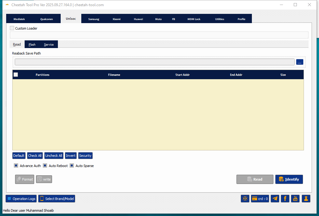 Cheetah tool pro interface showing frp reset mdm unlock and huawei id restore options for mediatek qualcomm and samsung devices.