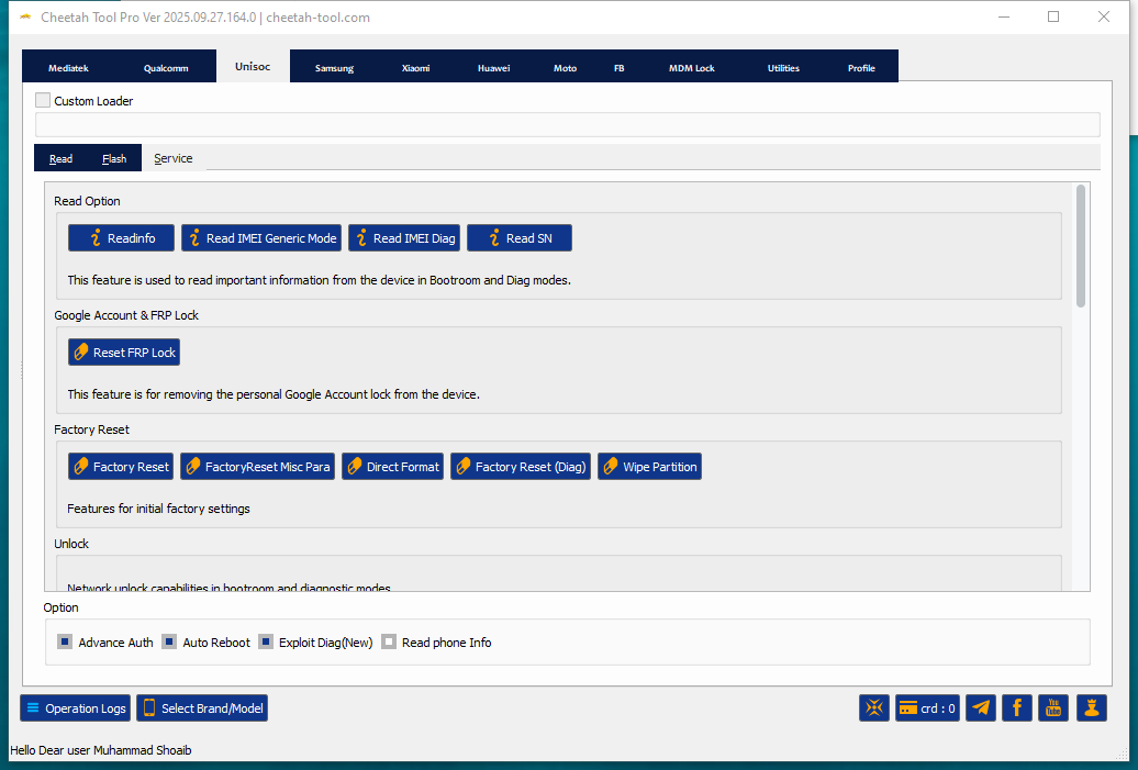 Cheetah tool pro interface showing mediatek qualcomm and huawei tabs for frp reset firmware flashing and mdm removal.