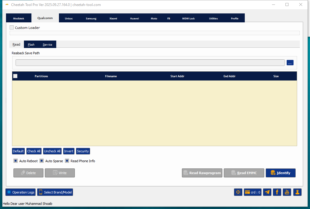Cheetah tool interface showing options for frp reset firmware flashing and mdm removal on android devices