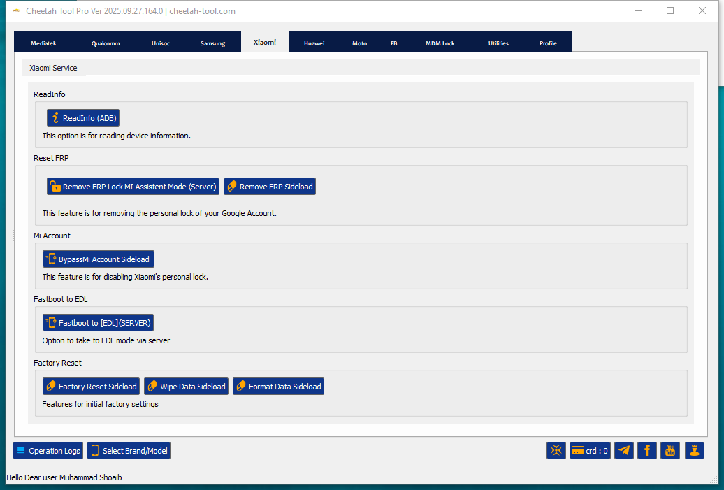 Cheetah tool interface showing xiaomi frp unlock and firmware flashing options