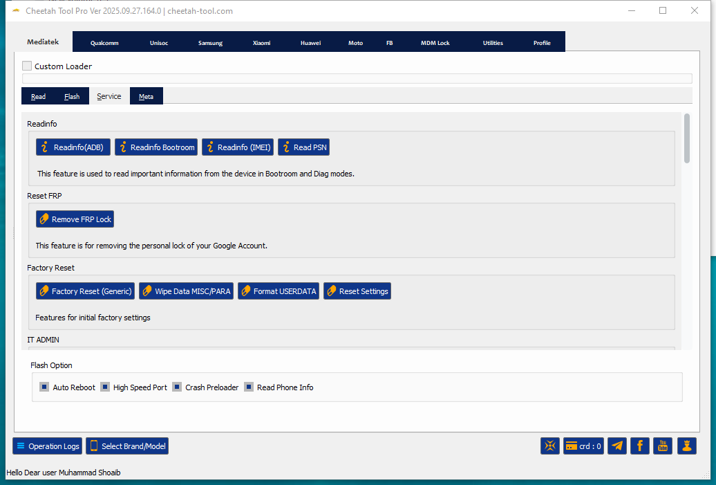 Cheetah tool software interface showing frp reset mdm removal and huawei id restore options for android devices.
