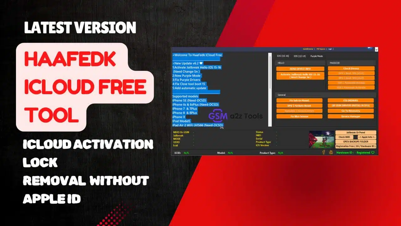 The haafedk icloud free tool interface showing options for unlocking or bypassing icloud on apple devices.