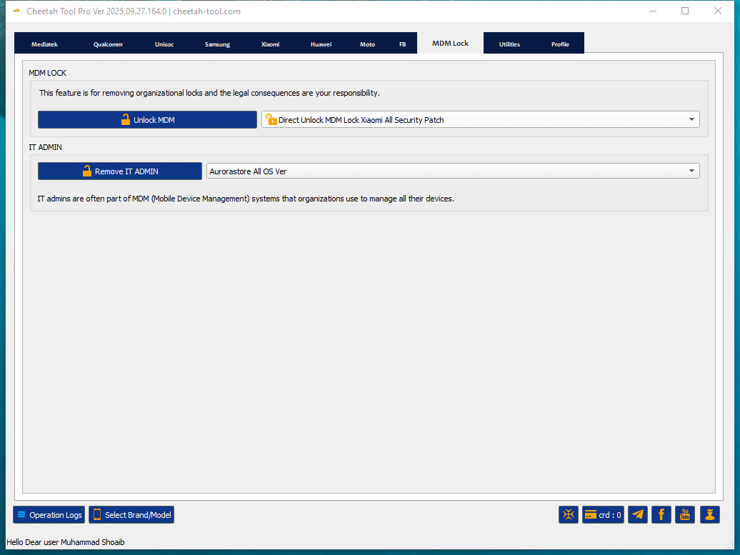 Cheetah tool interface showing mdm lock removal and knox guard bypass options for samsung devices