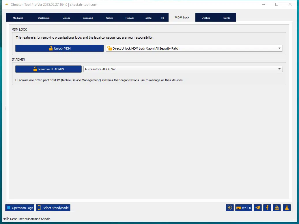 Cheetah tool interface showing mdm lock removal and knox guard bypass options for samsung devices