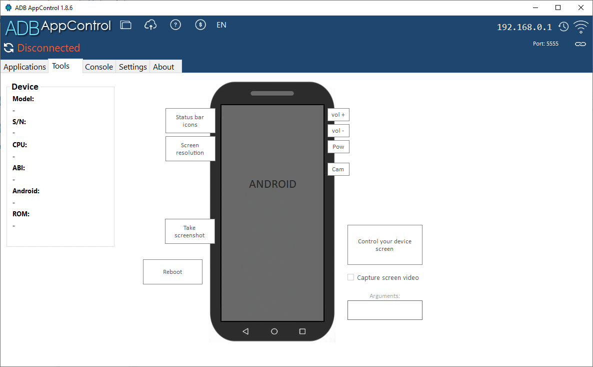 Screenshot of the adb appcontrol tool interface showing android device management options.
