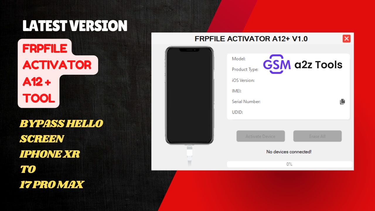 Frpfile activator a12 + tool interface showing instant bypass and activation options for iphone and ipad a12+ devices