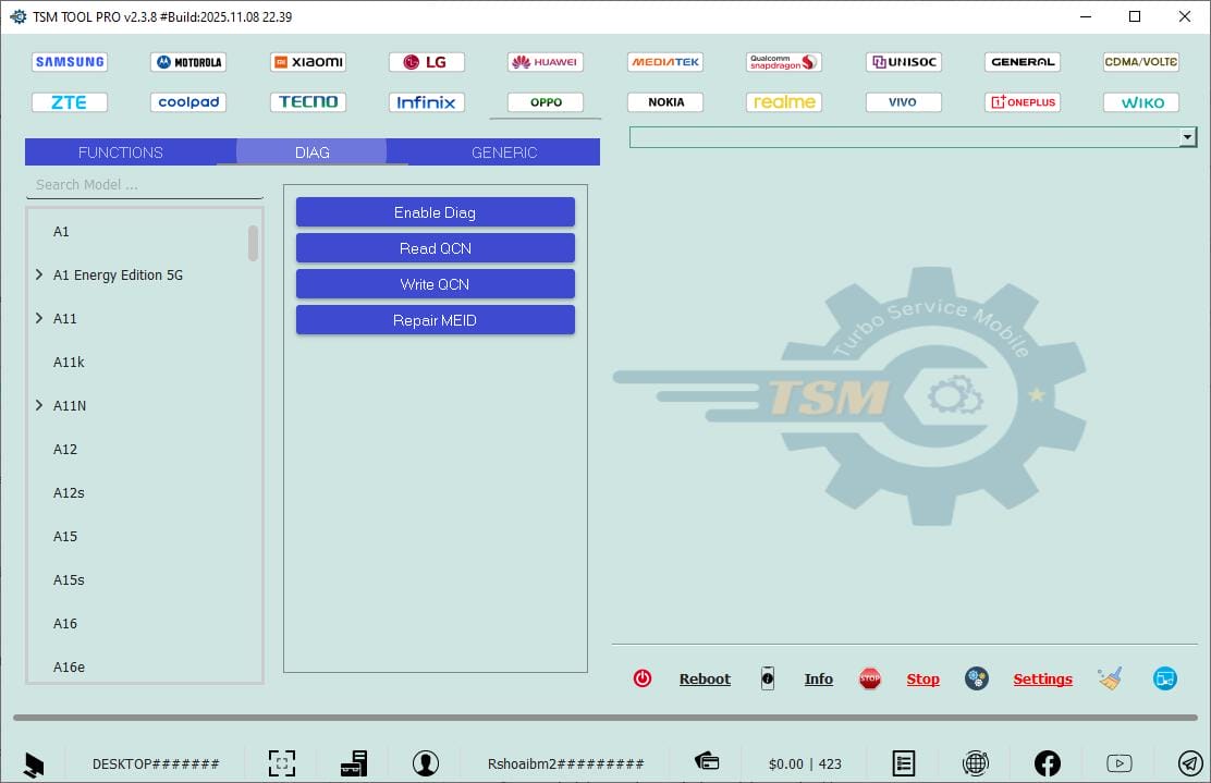 Tsm tool pro diag tab showing enable diag read qcn write qcn and repair meid functions with oppo model list on the left.