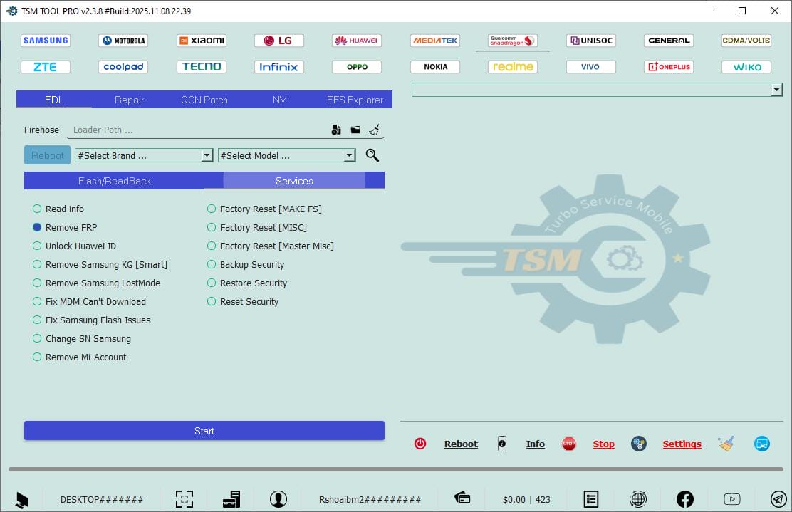 Generic functions list showing multiple repair and network options in tsm tool pro.