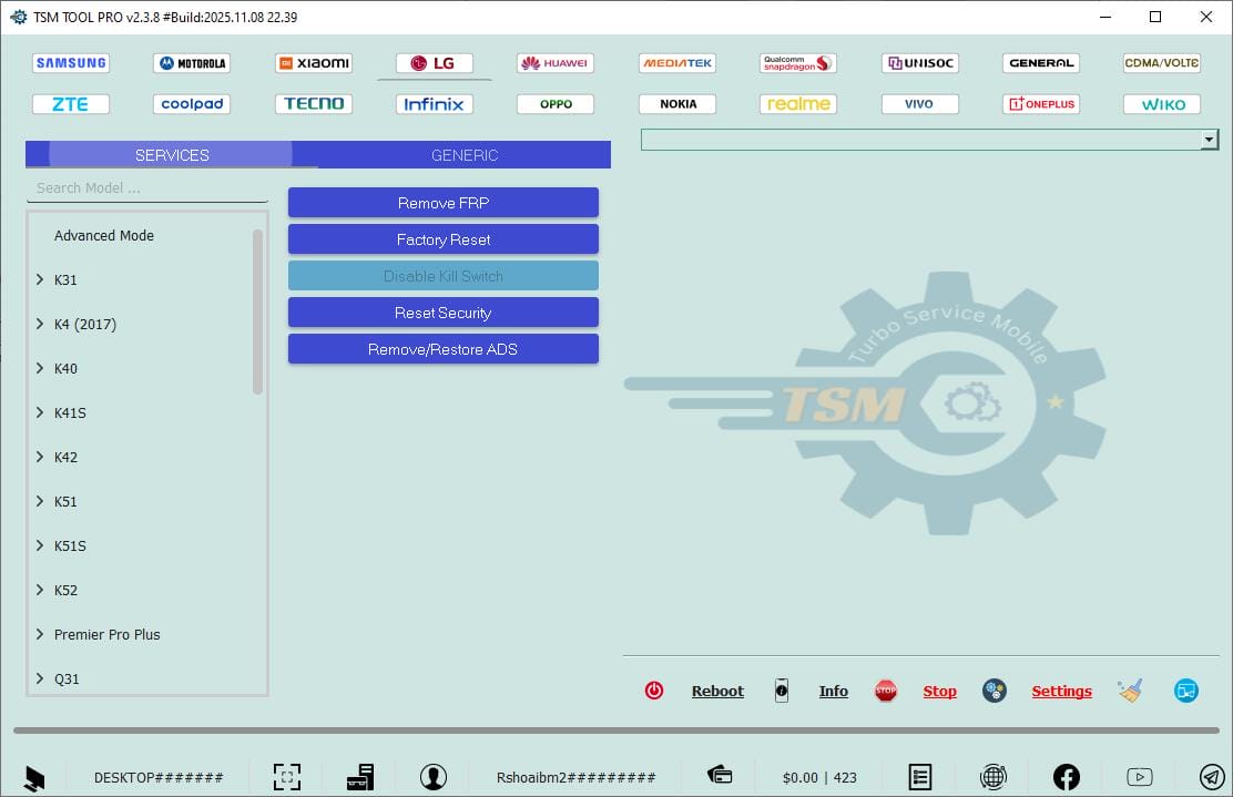 Tsm tool pro lg functions menu interface
