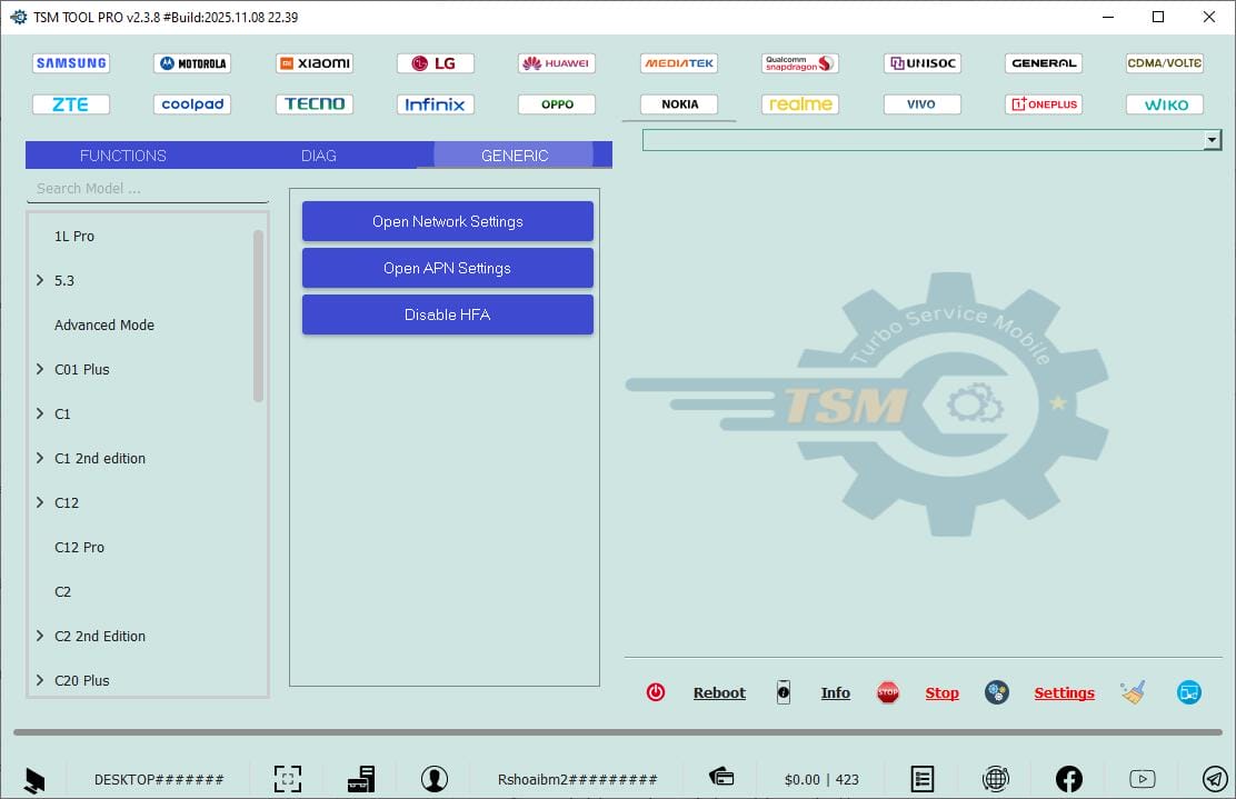Tsm tool pro generic tab showing open network settings open apn settings and disable hfa functions with nokia model list on the left.